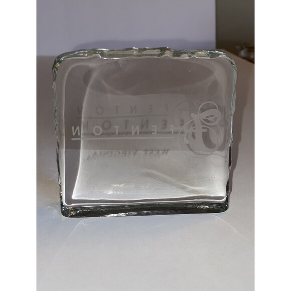 Fenton West Virginia Art Clear Glass Paperweight 4 1/2" x 4 1/4" x 7/8" Sign - Picture 5 of 6